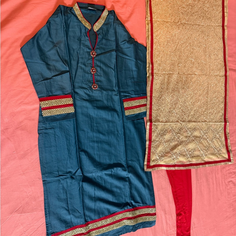 Blue and Red Kurta Set with Gold Dupatta Indian dress